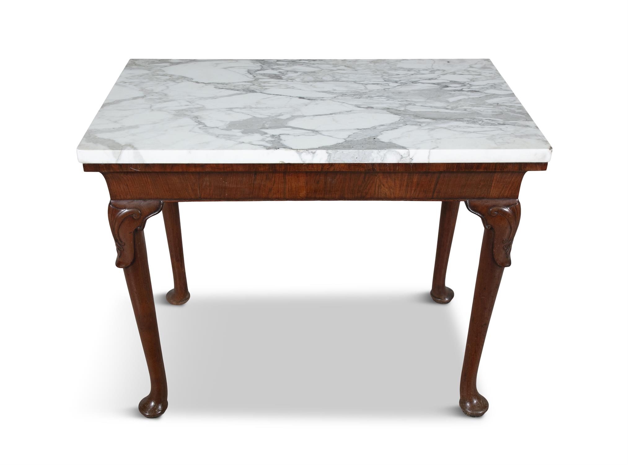 A GEORGE I WALNUT RECTANGULAR SIDE TABLE, C.1720 the white marble top on a tapering plain frieze - Image 2 of 3