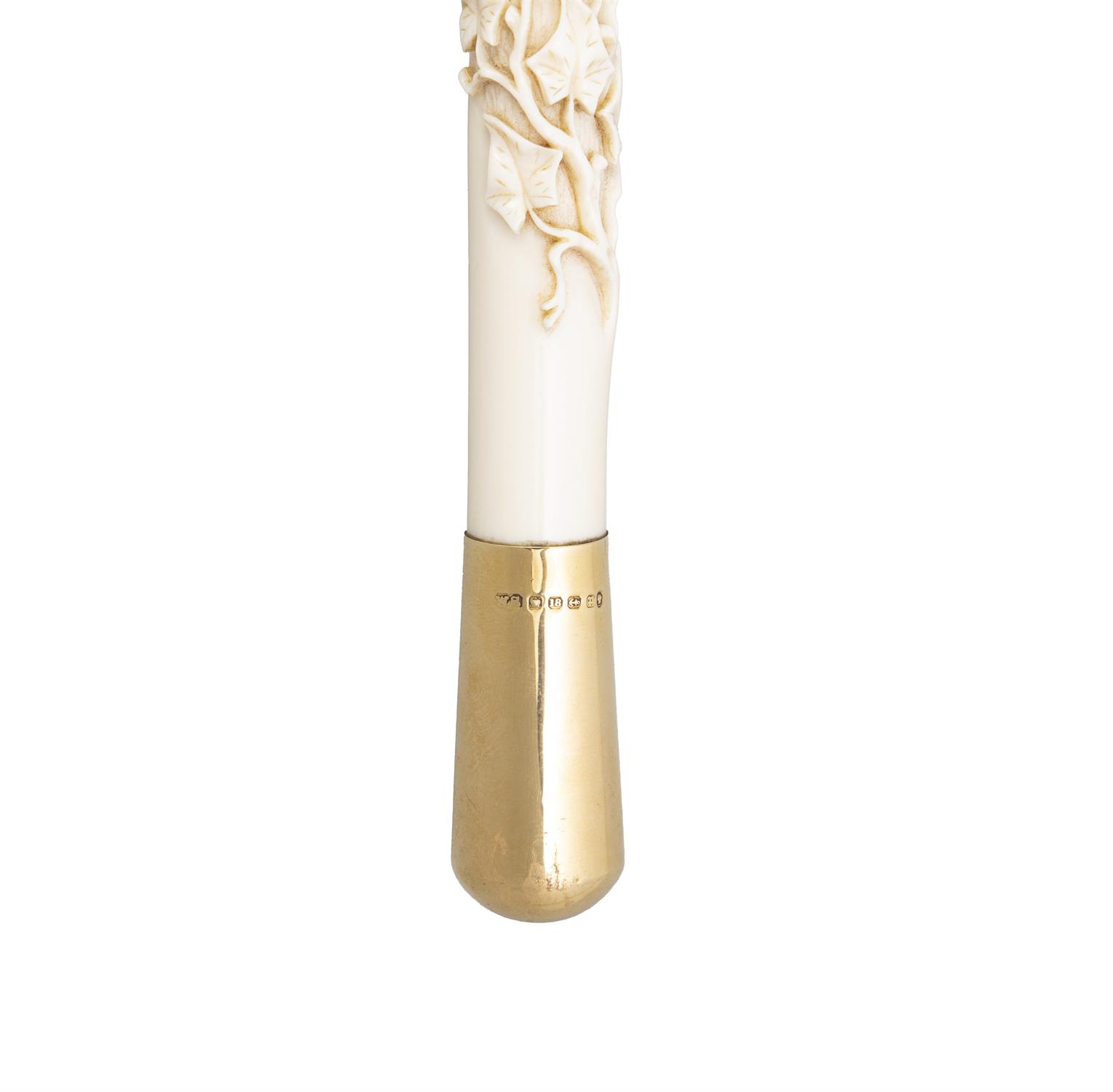 *A VICTORIAN UMBRELLA WITH IVORY CARVED HANDLE, the handle carved with vine leaves and - Image 3 of 10