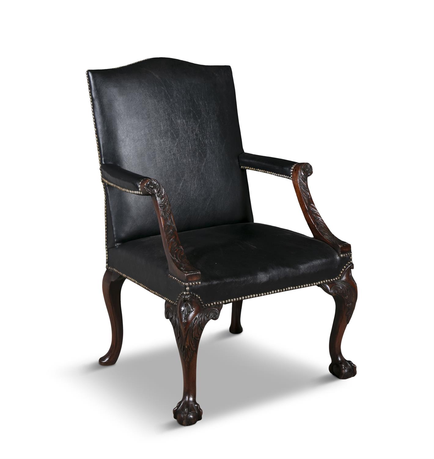 A GEORGE III 'GAINSBOROUGH' LIBRARY ARMCHAIR, upholstered in black leather, with out scrolling - Image 2 of 5