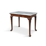 A GEORGE I WALNUT RECTANGULAR SIDE TABLE, C.1720 the white marble top on a tapering plain frieze