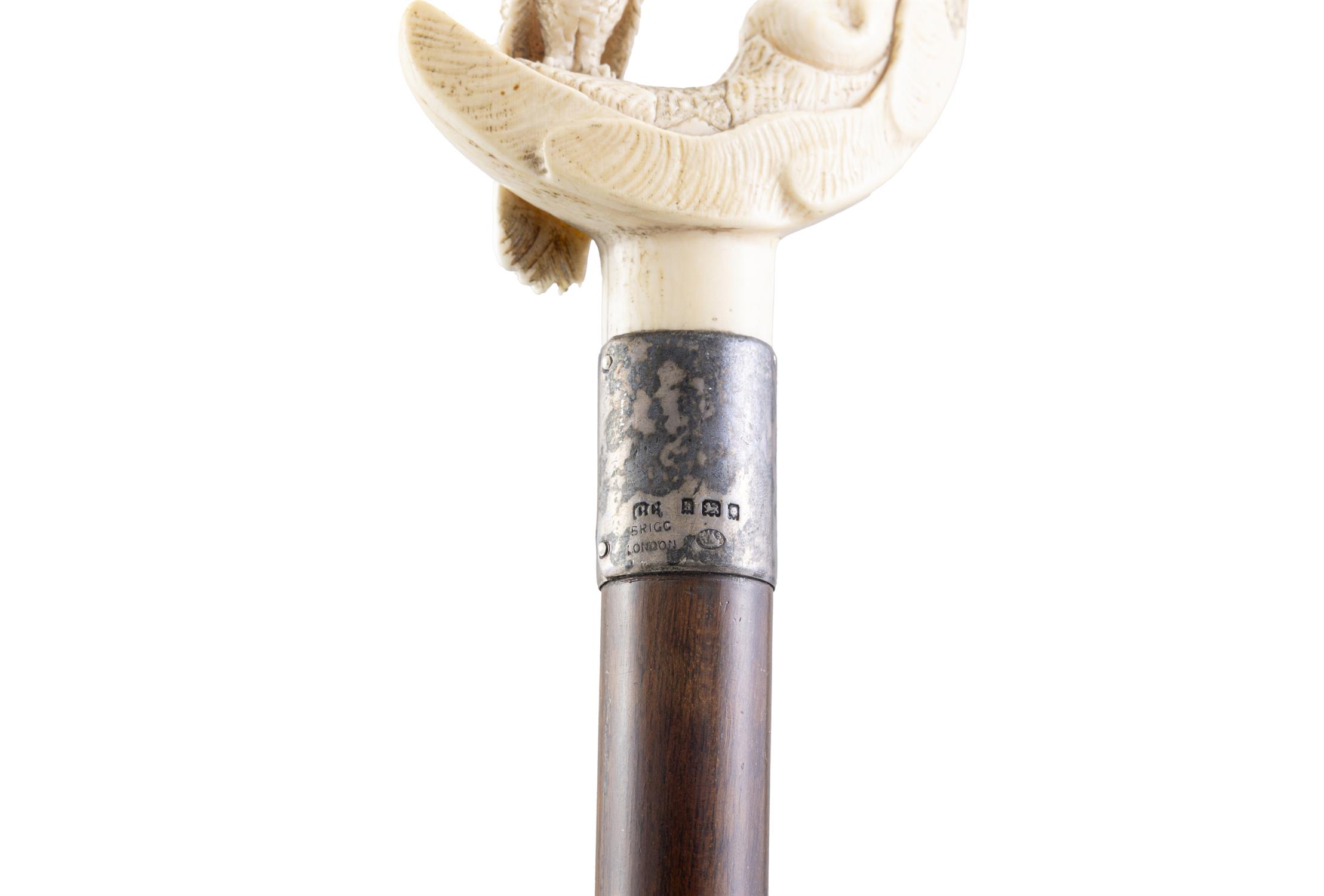 *A WALKING CANE with carved ivory top in the form of moon with the owl perched on its crescent, - Image 3 of 11