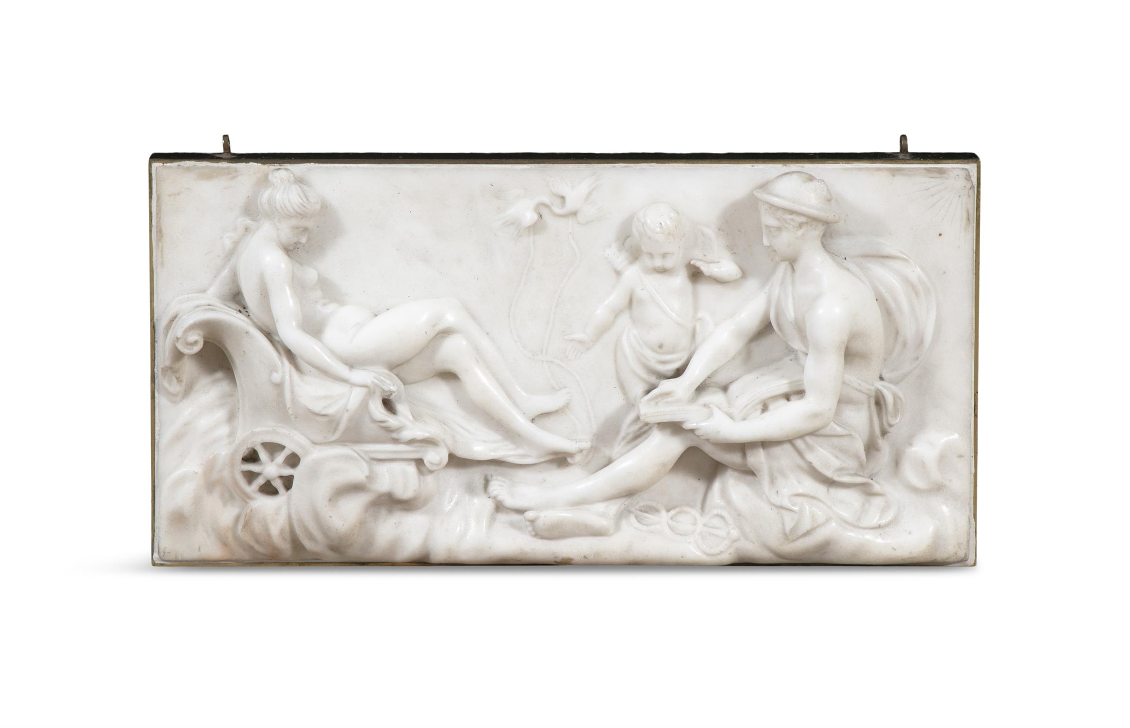 A MARBLE RELIEF PANEL OF MERCURY AND DIANA, EARLY 19TH CENTURY contained within a rectangular