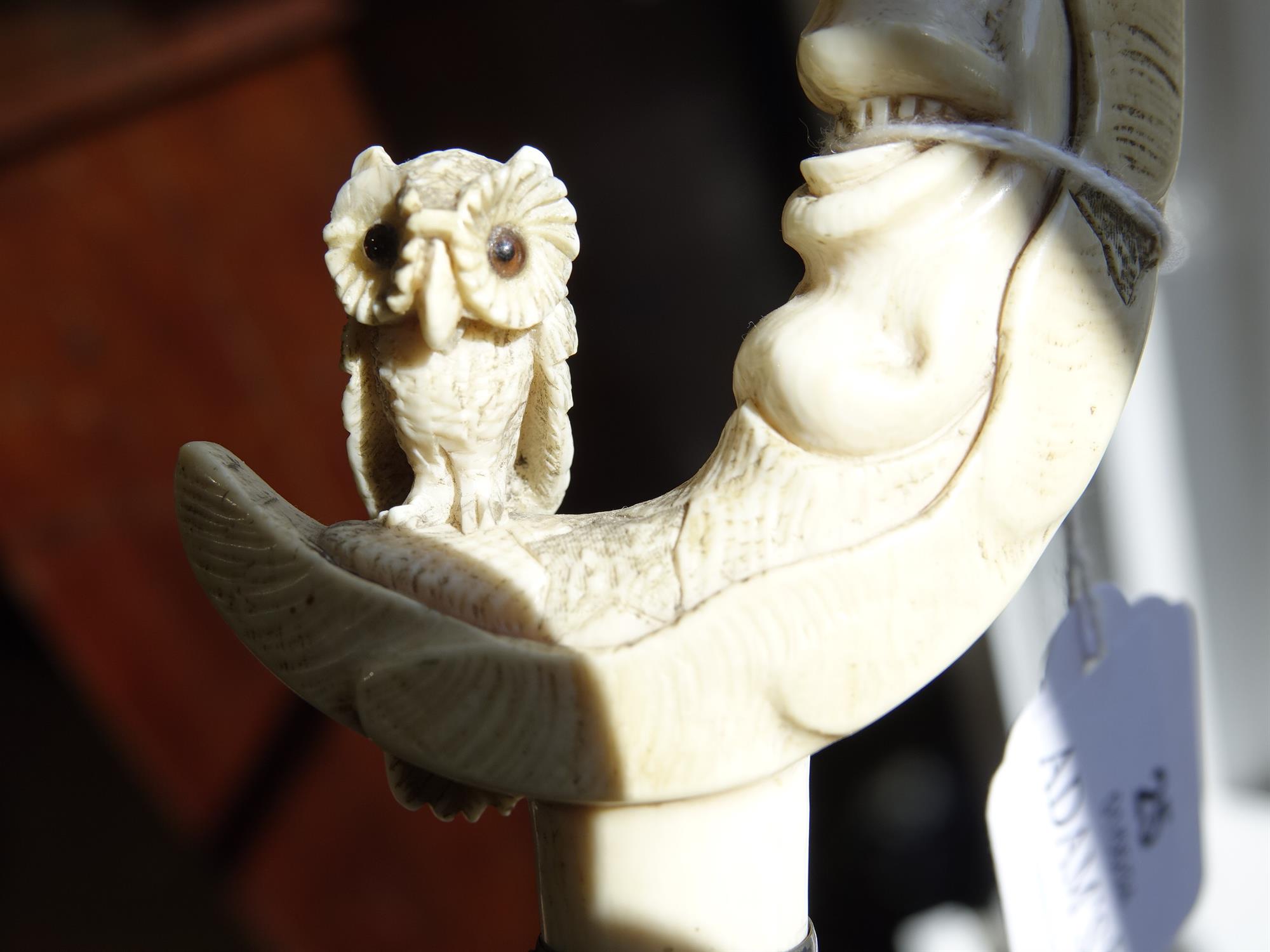 *A WALKING CANE with carved ivory top in the form of moon with the owl perched on its crescent, - Image 7 of 11