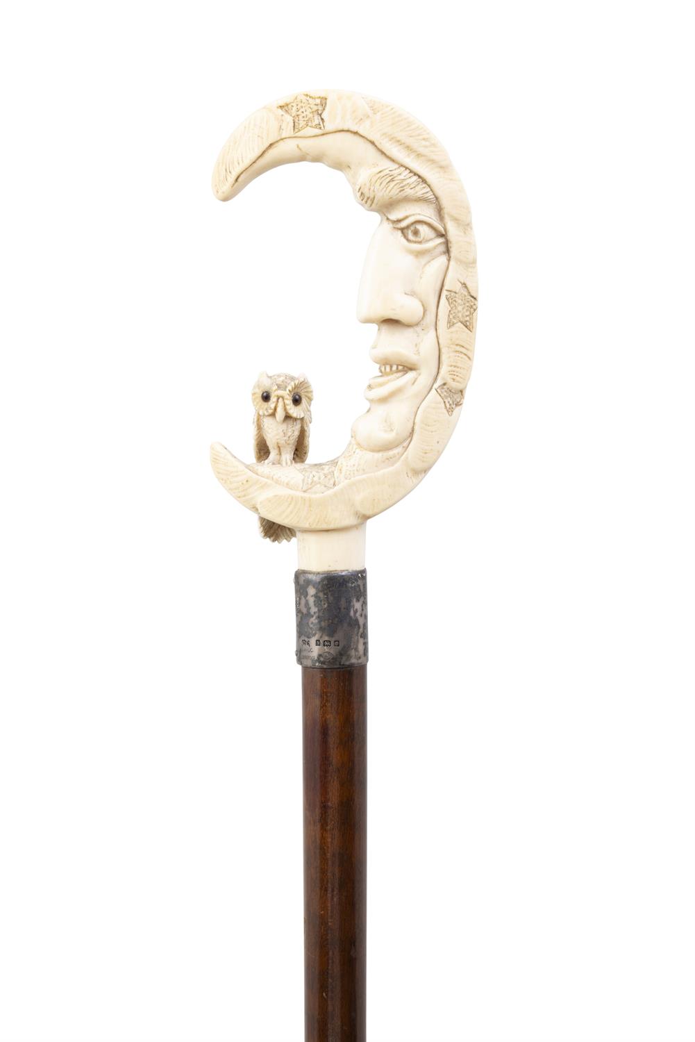 *A WALKING CANE with carved ivory top in the form of moon with the owl perched on its crescent, - Image 2 of 11