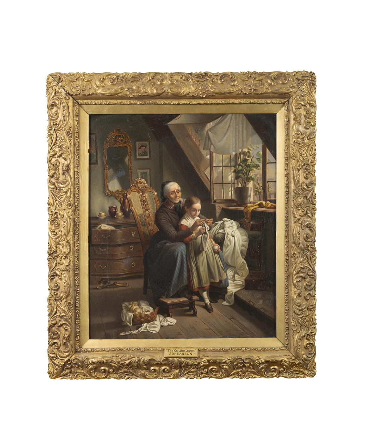 J. SHEARBON (19 CENTURY) The knitting lesson Oil on canvas 44 x 36cm