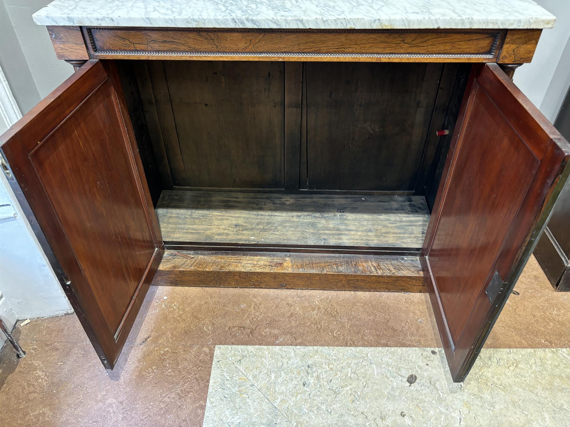 A WILLIAM IV FIGURED ROSEWOOD SIDE CABINET, C.1830, the white marble top with three quarter - Image 8 of 9