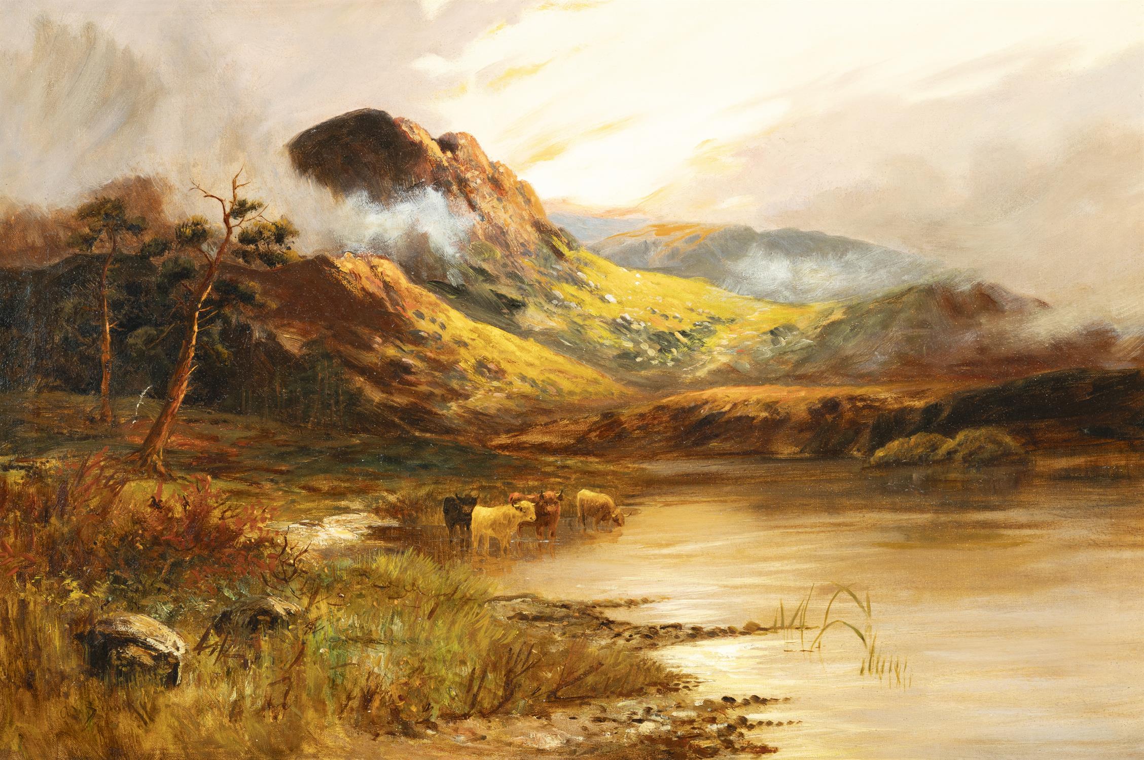 ATTRIBUTED TO ALFRED DE BREANSKI JNR (1877-1957) Cattle watering in a sunset highland - Image 2 of 4