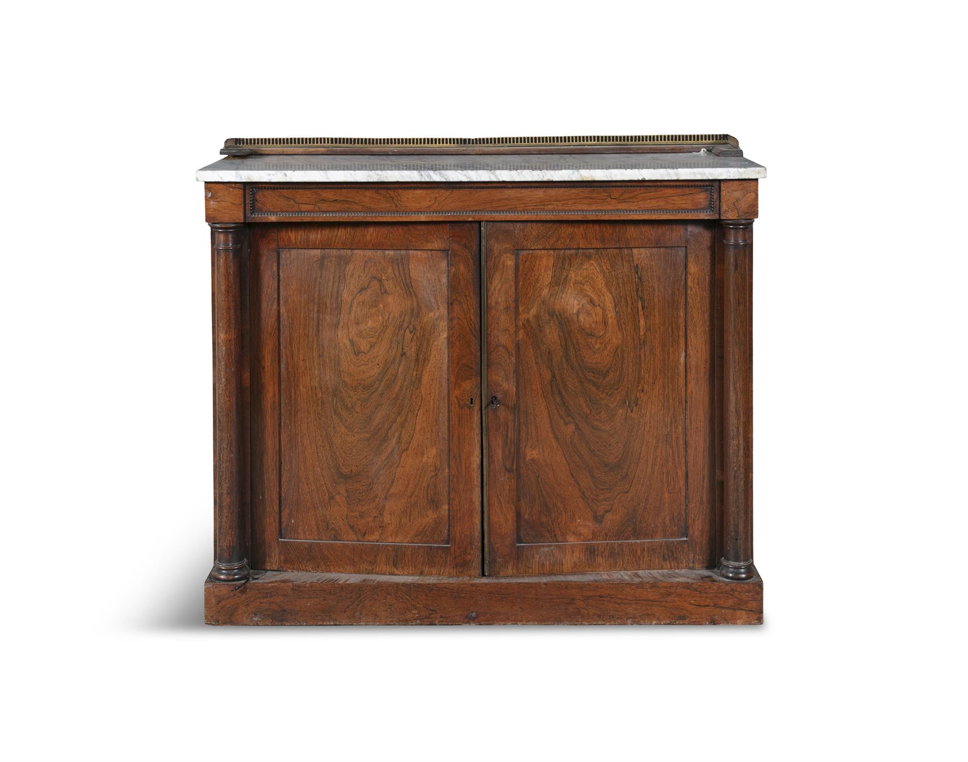 A WILLIAM IV FIGURED ROSEWOOD SIDE CABINET, C.1830, the white marble top with three quarter