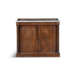 A WILLIAM IV FIGURED ROSEWOOD SIDE CABINET, C.1830, the white marble top with three quarter