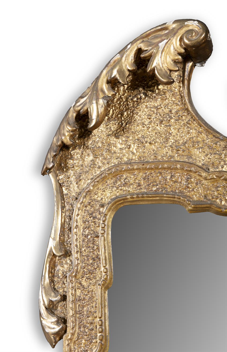 A GEORGE II STYLE GESSO AND GILTWOOD PIER MIRROR, the leaf moulded broken pediment top centred - Image 2 of 3