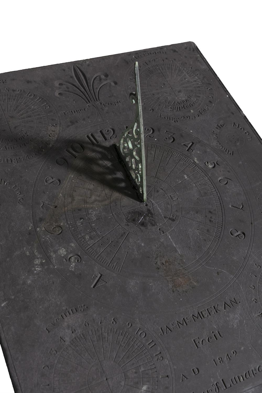 A SOLAR AND LUNAR BRONZE AND SLATE SUNDIAL, BY JAMES MCMEEKAN (DATED 1842) the rectangular panel - Image 3 of 5