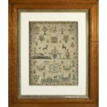 AN EARLY 19TH CENTURY CHILD’S SAMPLER, SIGNED SARAH DENNEY, 1822 framed, 40.5 x 31.5cm