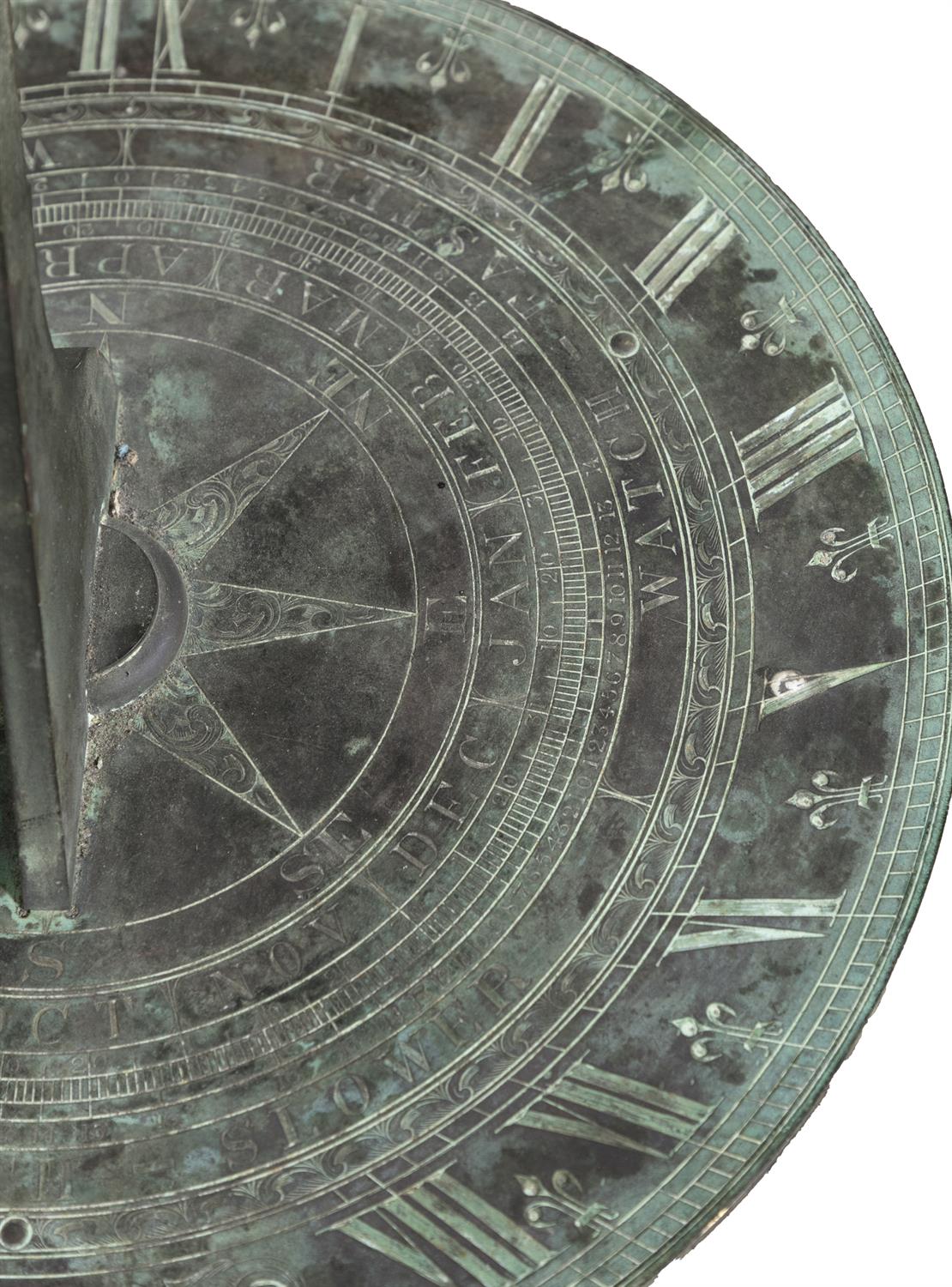 A VICTORIAN BRONZE CIRCULAR SUNDIAL the flattened panel engraved with an outer band of Roman - Image 3 of 3