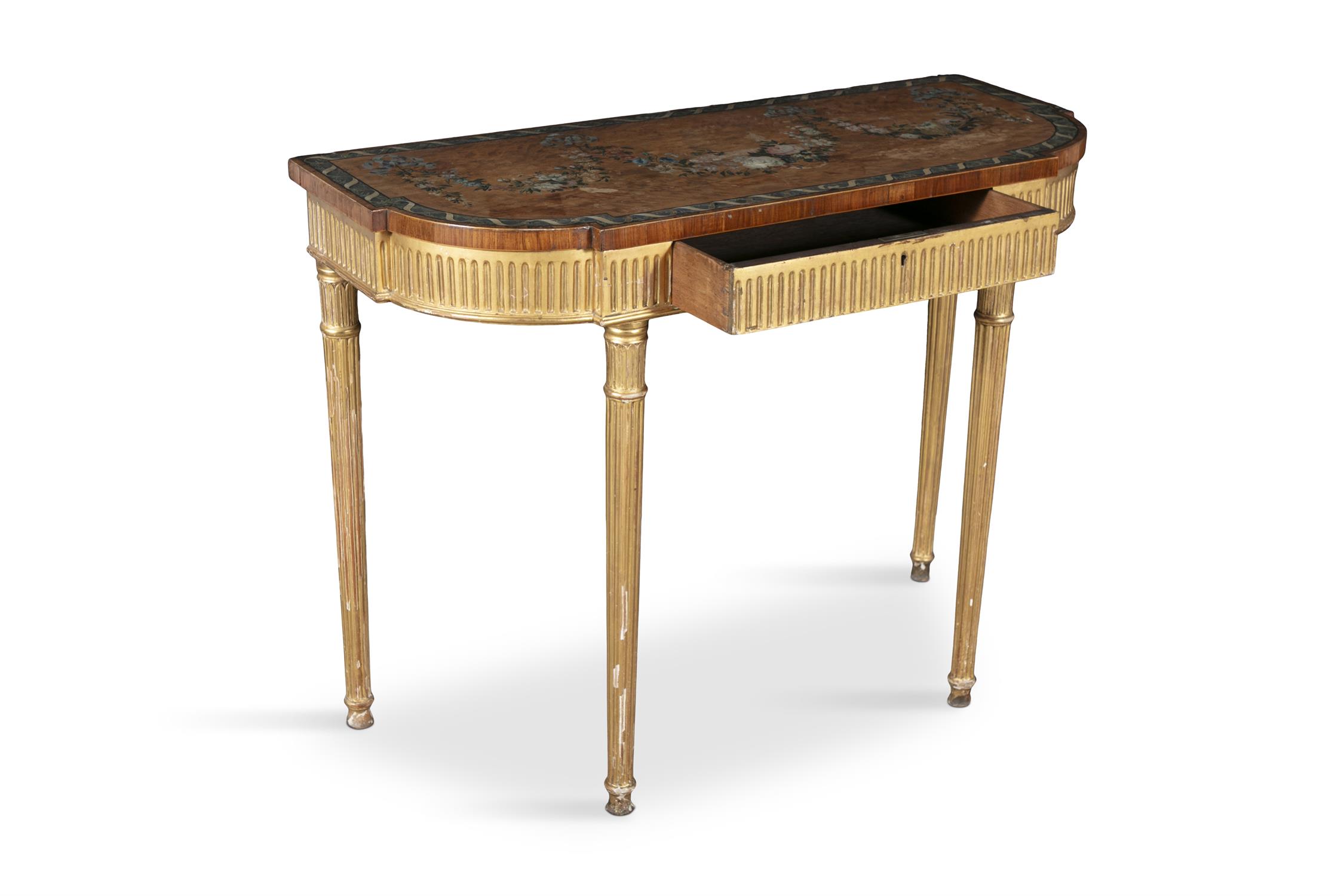 A GEORGE III POLYCHROME-PAINTED, SATINWOOD AND GILTWOOD BREAKFRONT SIDE TABLE, LATE 18TH CENTURY, - Image 3 of 4