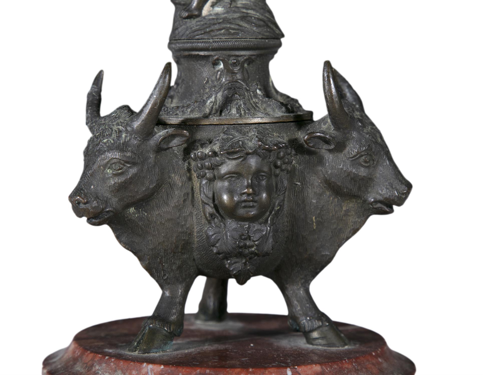 A GRAND TOUR BRONZE INKPOT AND COVER, 19TH CENTURY the cover surmounted by cupid riding a - Image 6 of 7