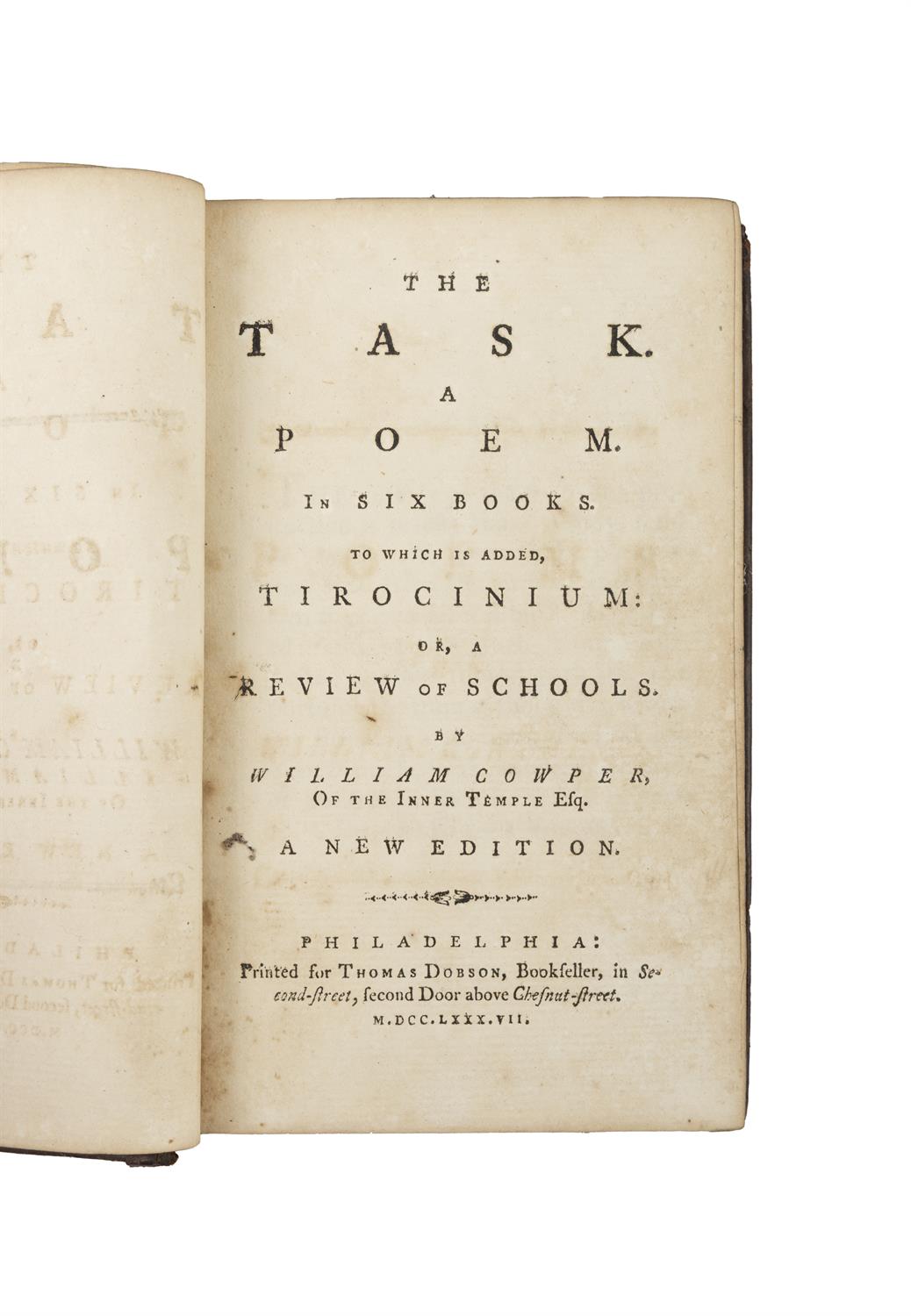 COWPER, William [1731 - 1800] The Task. a Poem in Six Books. Philadelphia (Dobson) 1787, - Image 4 of 5