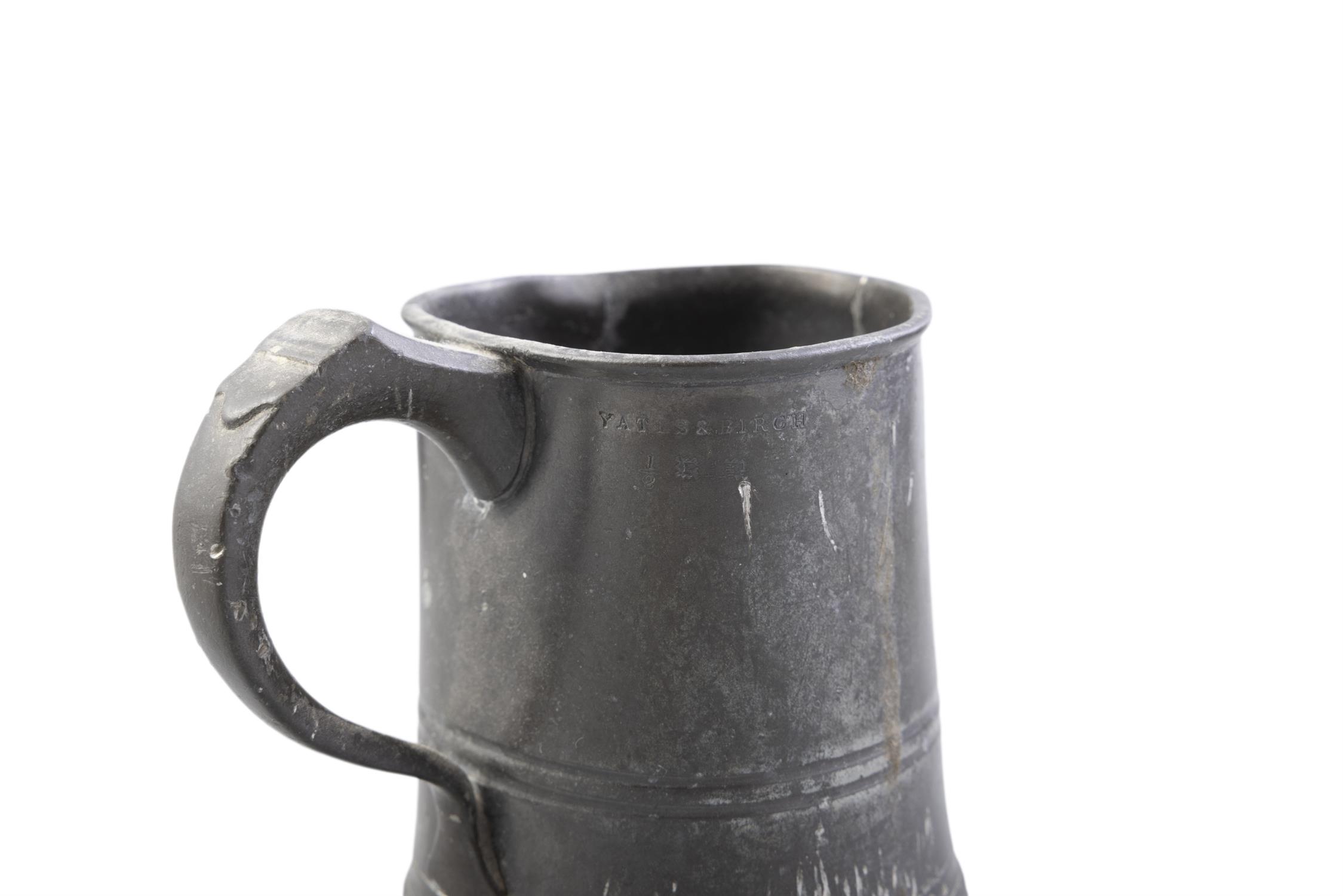 A COLLECTION OF 19TH CENTURY PEWTER WARE comprising two pint jugs by James Yates, - Image 4 of 8