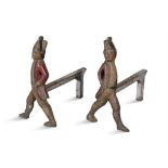A PAIR OF AMERICAN POLYCHROME PAINTED CAST IRON HESSIAN SOLDIER FORM ANDIRONS, 19TH CENTURY each