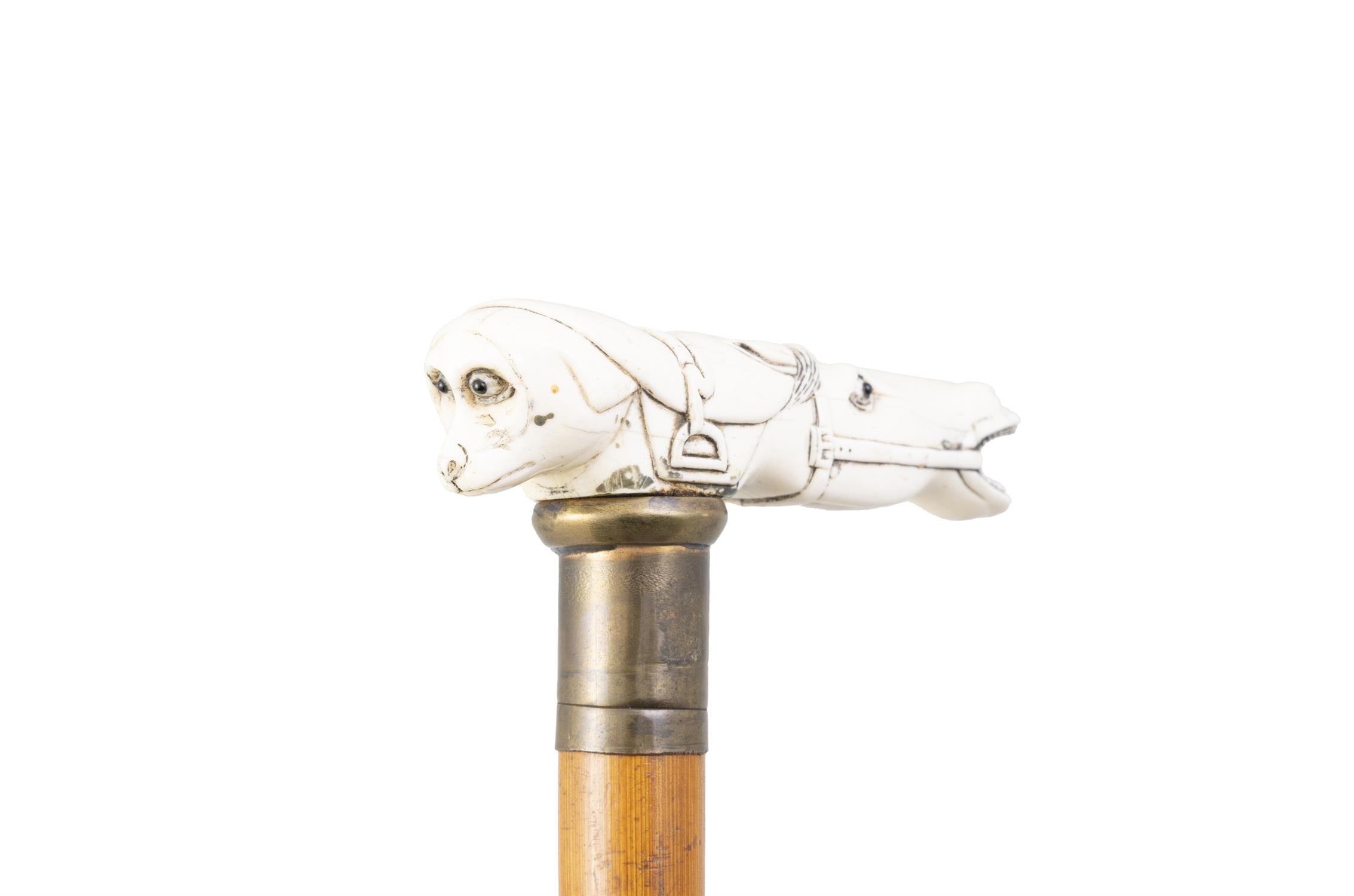*A WALKING CANE with carved ivory top in of a horse and monkey, with gilt metal collar, - Image 3 of 3
