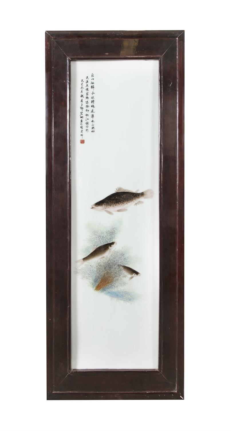 A ‘FISH’ PORCELAIN PLAQUE IN THE MANNER OF DENG BISHAN China, 20th century Inscribed with