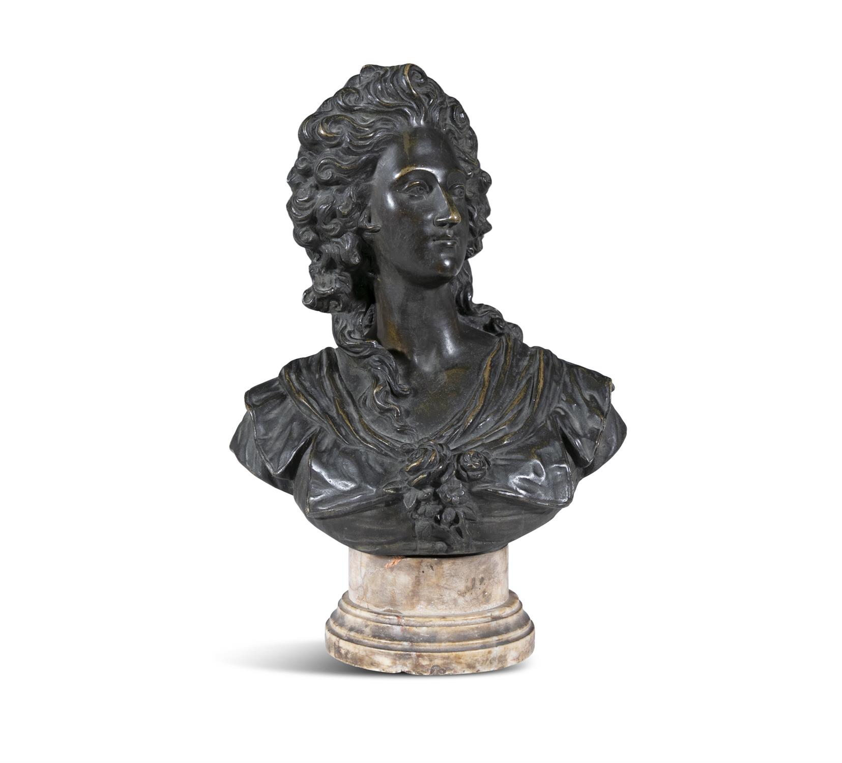 A FRENCH BRONZE BUST OF MARIE ANTOINETTE, 19TH CENTURY on marble socle, bust and socle 32cm
