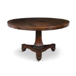 A WILLIAM IV ROSEWOOD TILTTOP BREAKFAST TABLE, the circular crossbanded top above a hexagonal