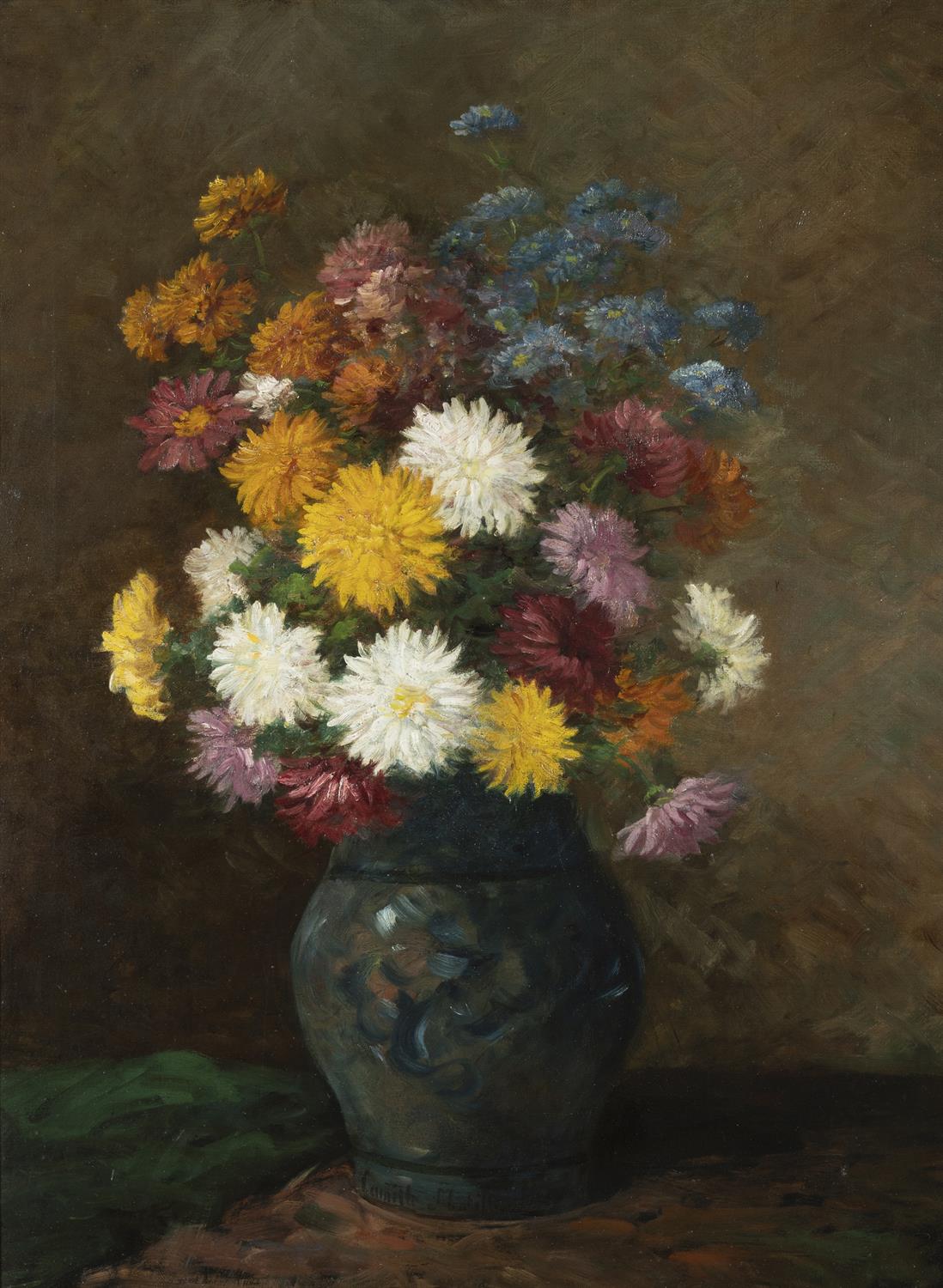 CAMILLE MATISSE (FRENCH) Still life, Chrysanthemums and Other Flowers in a Vase Oil on canvas, - Image 3 of 4