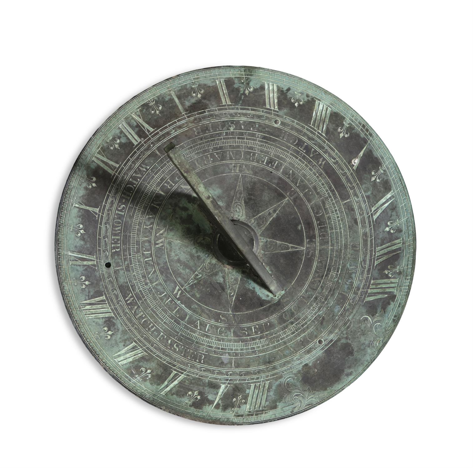 A VICTORIAN BRONZE CIRCULAR SUNDIAL the flattened panel engraved with an outer band of Roman - Image 2 of 3