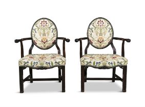 A PAIR OF ENGLISH MAHOGANY OPEN ARMCHAIRS OF GEORGE III STYLE, 19TH CENTURY, each with oval