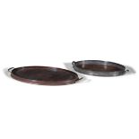 TWO EDWARDIAN INLAID MAHOGANY SERVING TRAYS, each with gallery rim and side handles,