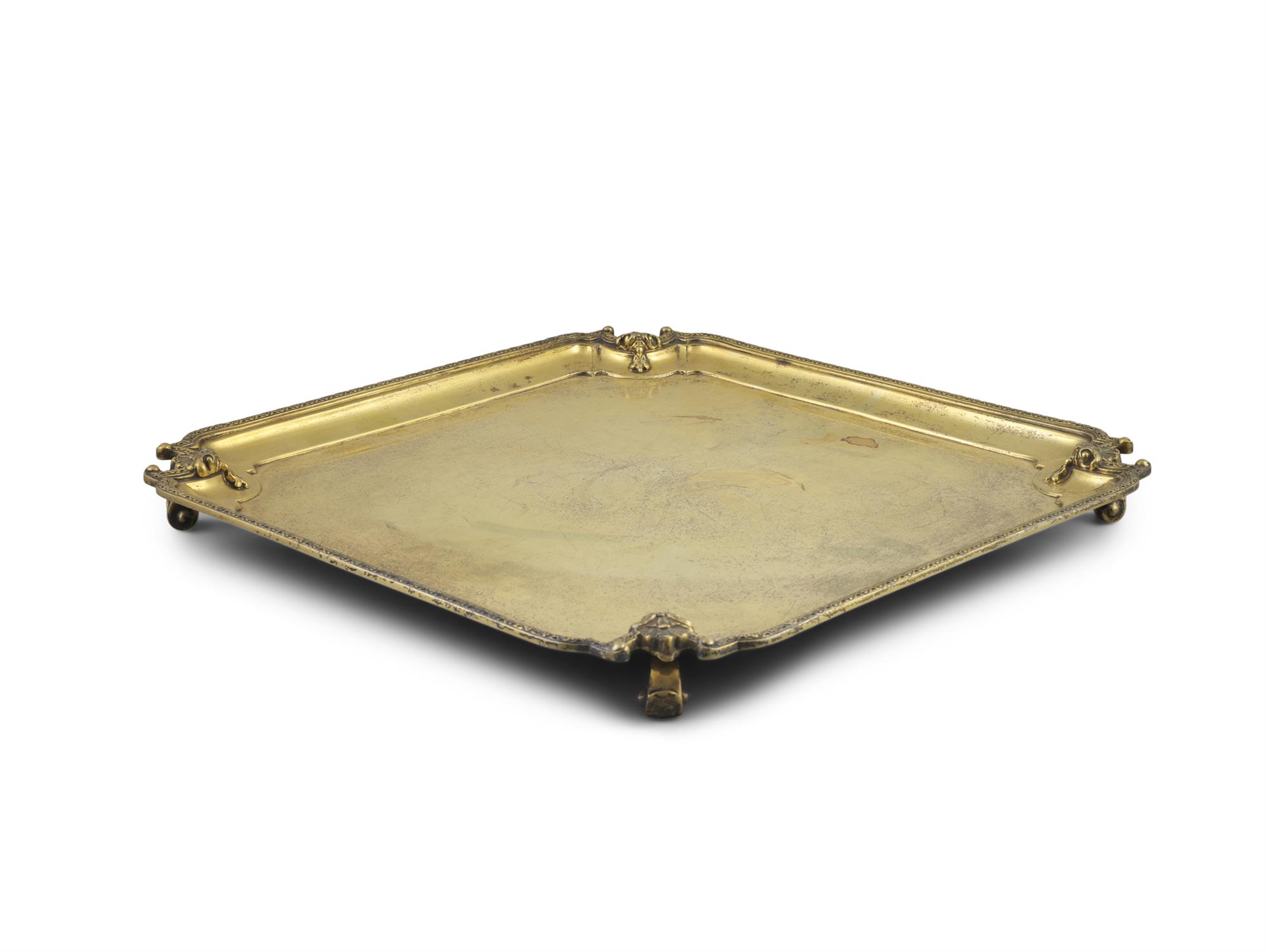 A SILVER GILT SQUARE SALVER IN THE STYLE OF DE LAMÉRIE, Birmingham c.1923, maker's mark of Adie