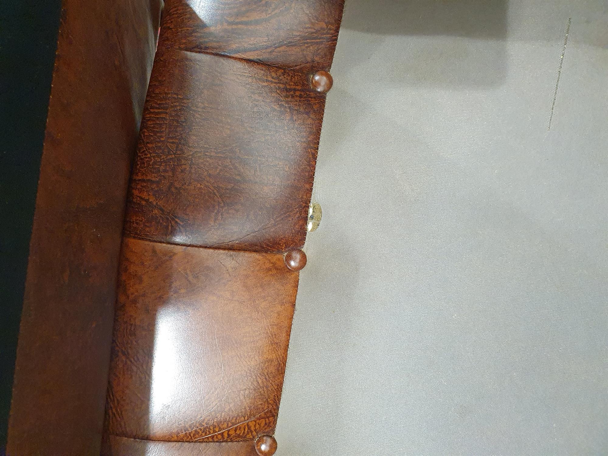 A CHESTERFIELD BUTTON BACK THREE SEATER SOFA, upholstered in brown leather with scroll-end - Image 15 of 18