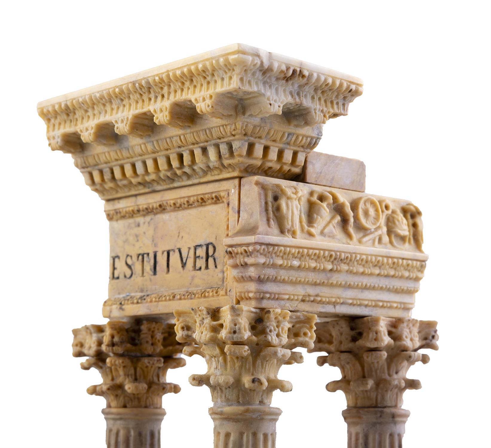 TWO ITALIAN 'GRAND TOUR' SIENA MARBLE CARVED MODELS OF THE RUINS OF THE TEMPLE OF CASTOR AND POLLUX - Image 5 of 5