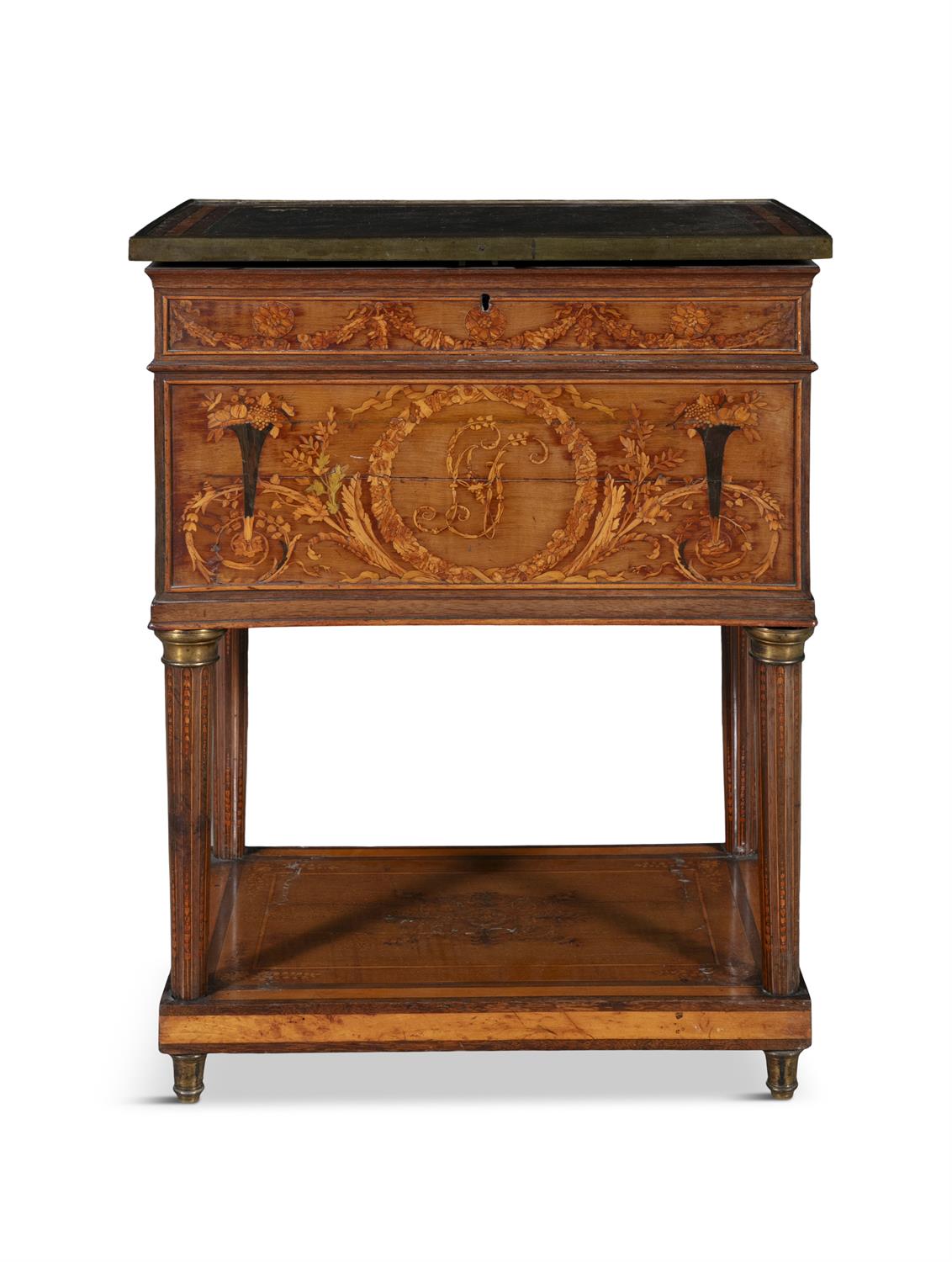 A NORTH ITALIAN SATINWOOD AND MARQUETRY CASKET SHAPED WRITING TABLE, 18TH CENTURY,