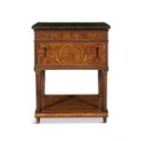 A NORTH ITALIAN SATINWOOD AND MARQUETRY CASKET SHAPED WRITING TABLE, 18TH CENTURY,