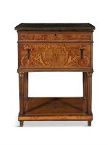 A NORTH ITALIAN SATINWOOD AND MARQUETRY CASKET SHAPED WRITING TABLE, 18TH CENTURY,