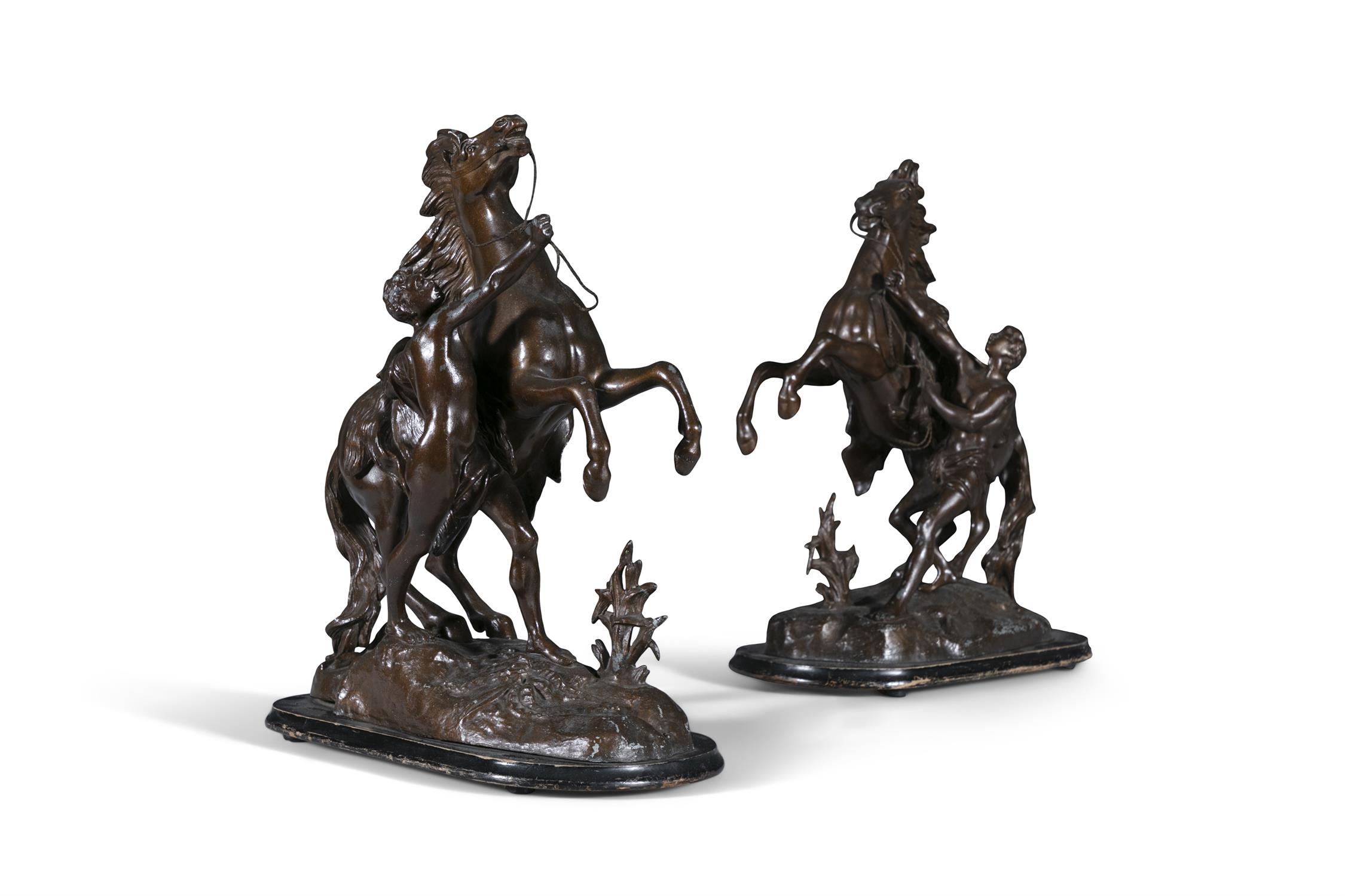 AFTER COUSTEAU, circa 1900, a pair of bronzed metal Marley horses, modelled as an attendant - Image 2 of 5