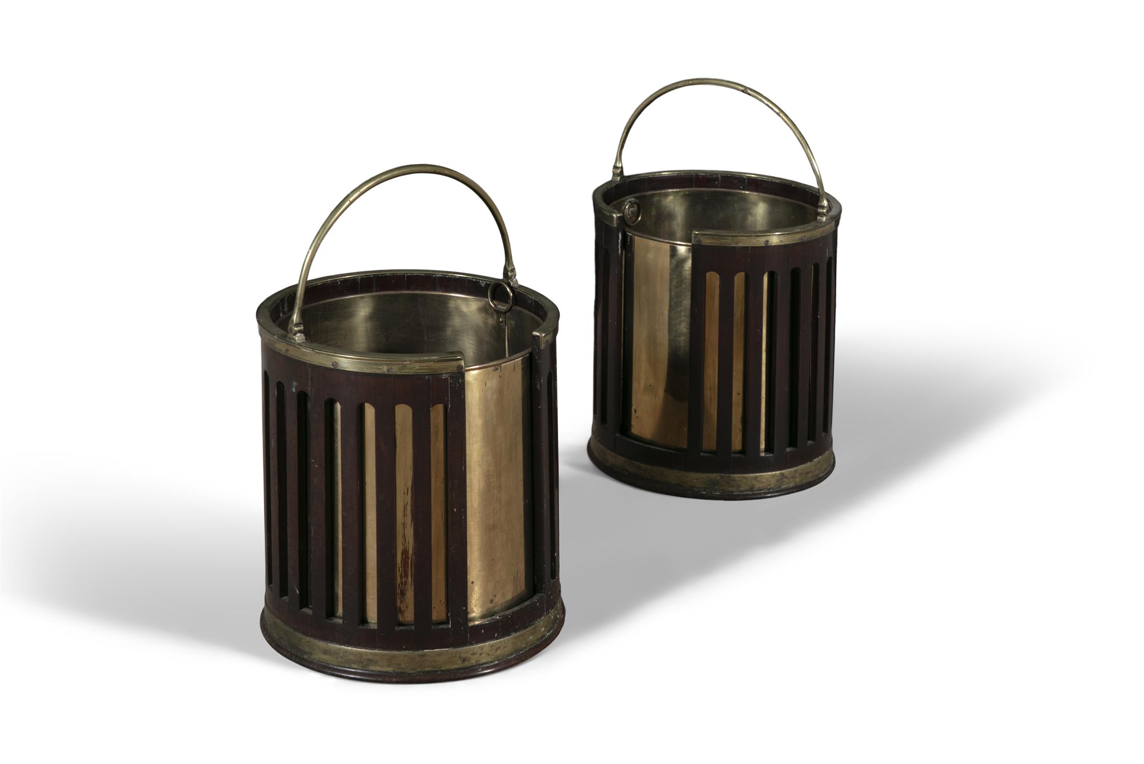 A PAIR OF GEORGE III MAHOGANY AND BRASS BOUND PLATE BUCKETS with arched swing handle and - Image 2 of 4