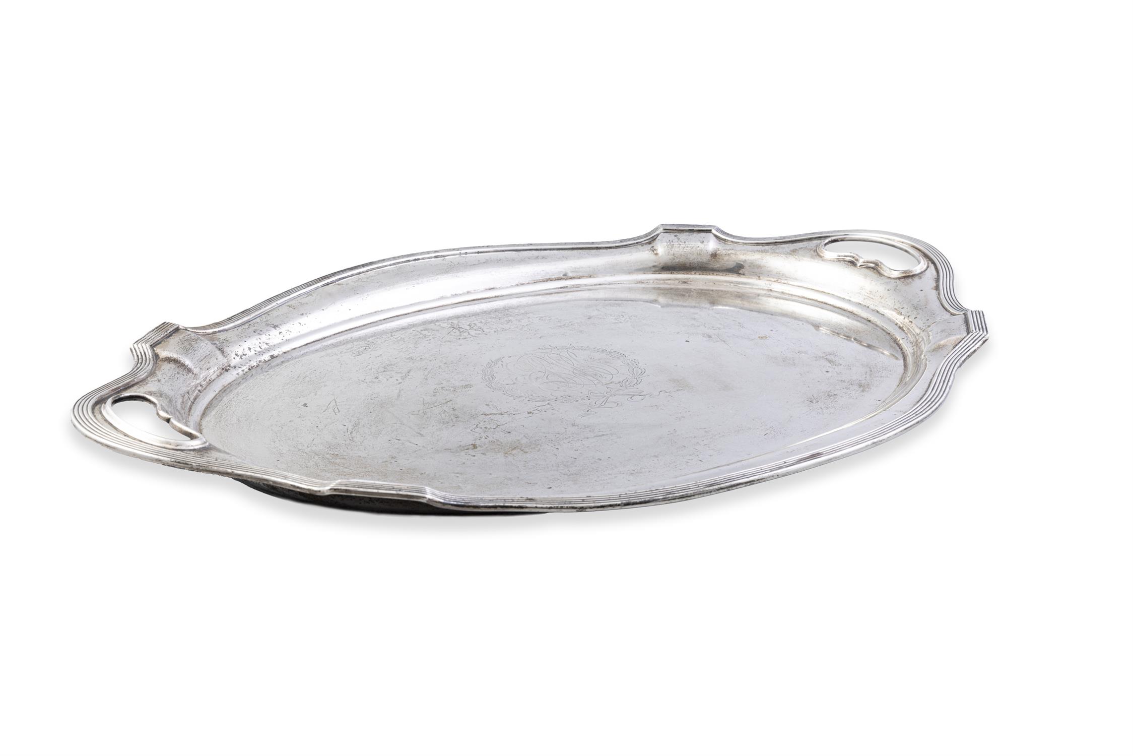 A LARGE AMERICAN SILVER TWO HANDLED SERVING TRAY retailers mark for 'J.E. Caldwell & Co. - Image 2 of 5
