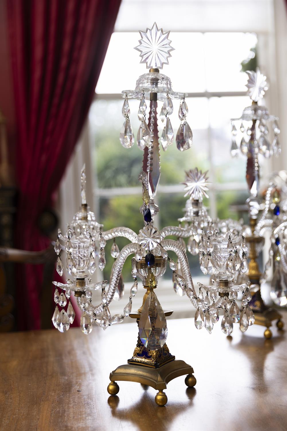 A PAIR OF GEORGE III ORMOLU CUT,GILDED AND BLUE GLASS TWO-LIGHT CANDELABRA, LATE 18TH CENTURY, - Image 2 of 14