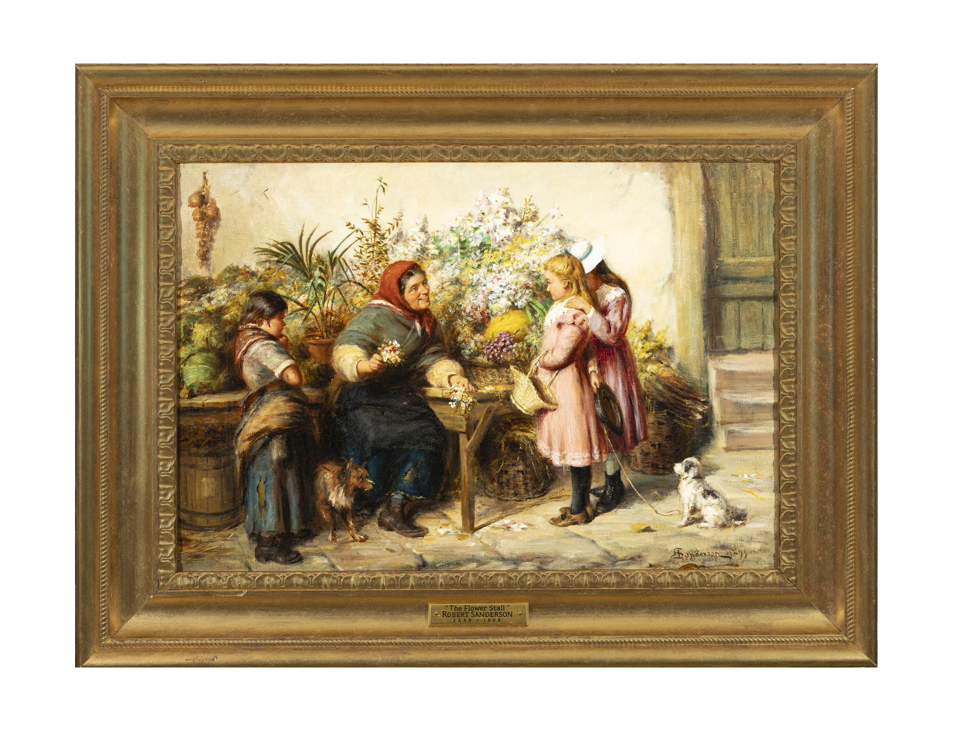 ROBERT SANDERSON (1848-1908) The Flower Stall Oil on canvas, 39.5x 56cm Signed and dated 1899