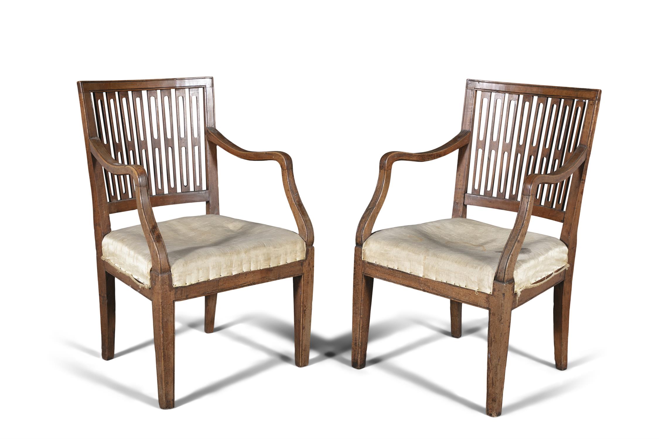 A PAIR OF GEORGE III MAHOGANY OPEN ARMCHAIRS, LATE 18TH CENTURY, the square backs filled with