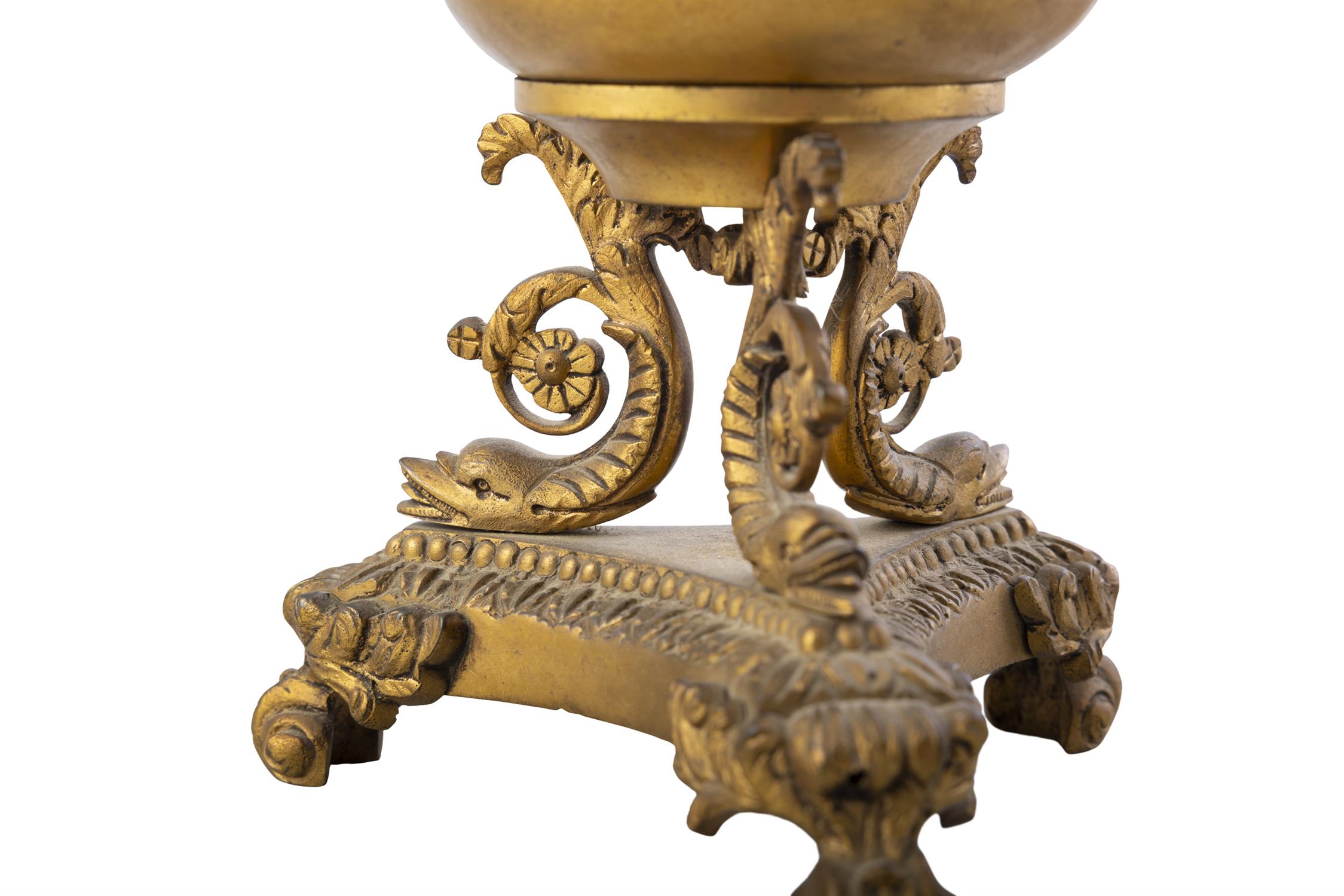 A SET OF FOUR ORMOLU LAMP BASES, 19TH CENTURY, on triple scroll dolphin supports, - Image 3 of 4