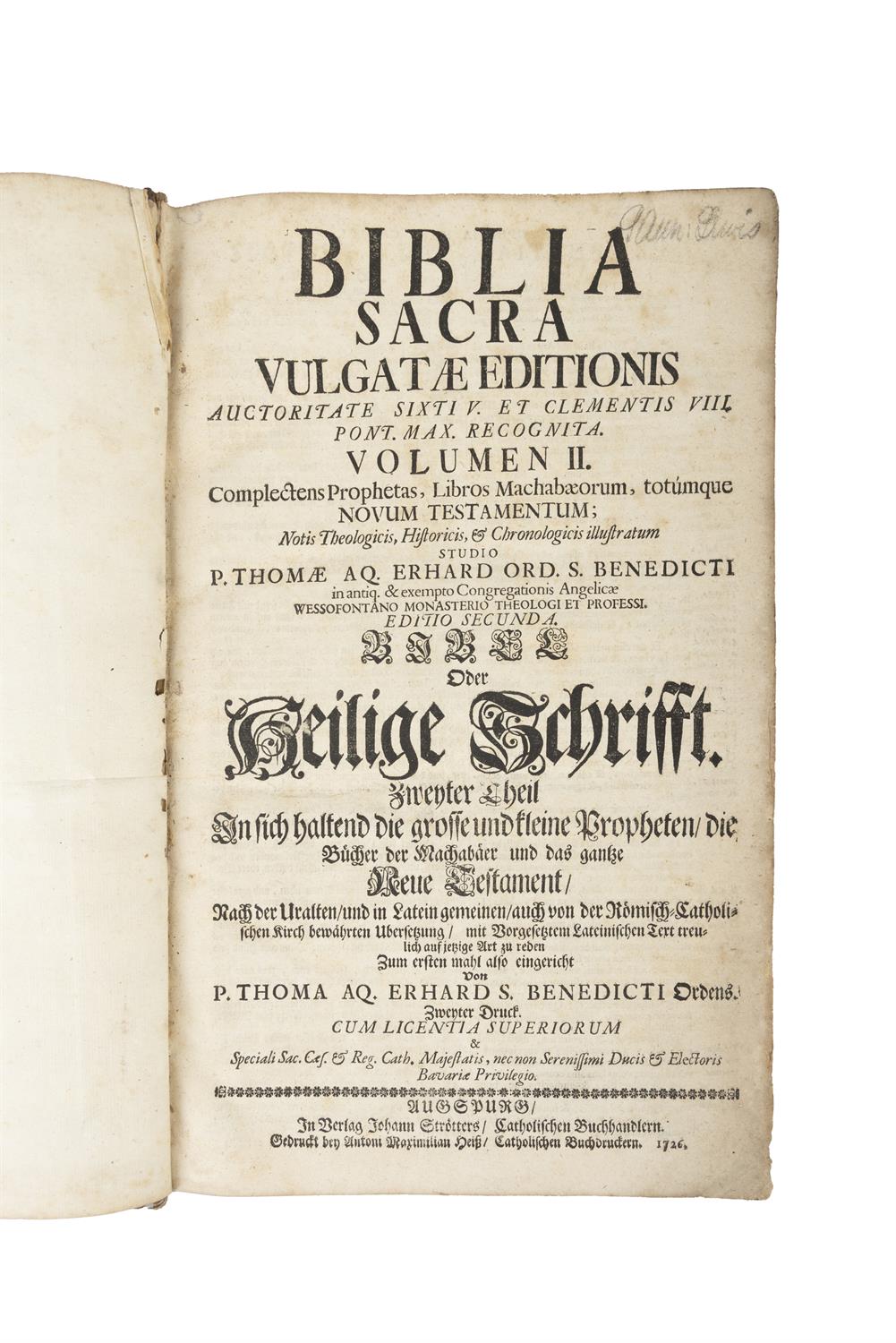 BIBLIA SACRA: 2 vols. folio, second edition, Augsburg 1726, black and red title, - Image 4 of 5