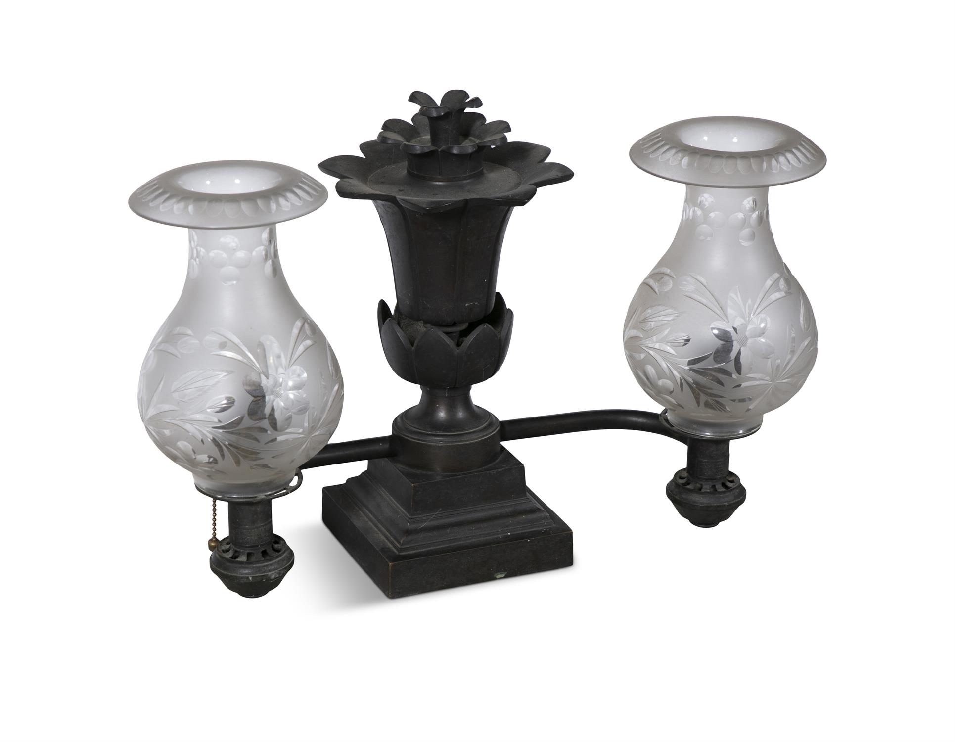 A BRONZE TWO LIGHT COLZA OIL LAMP, BY T. PALMER & CO., BALTIMORE, CIRCA 1844 the central column - Image 2 of 4