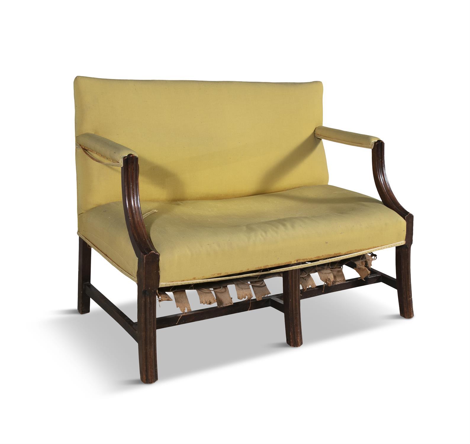 A GEORGE III MAHOGANY FRAMED TWO-SEATER SETTEE, C.1800 with reeded arm supports and tapering - Image 2 of 3