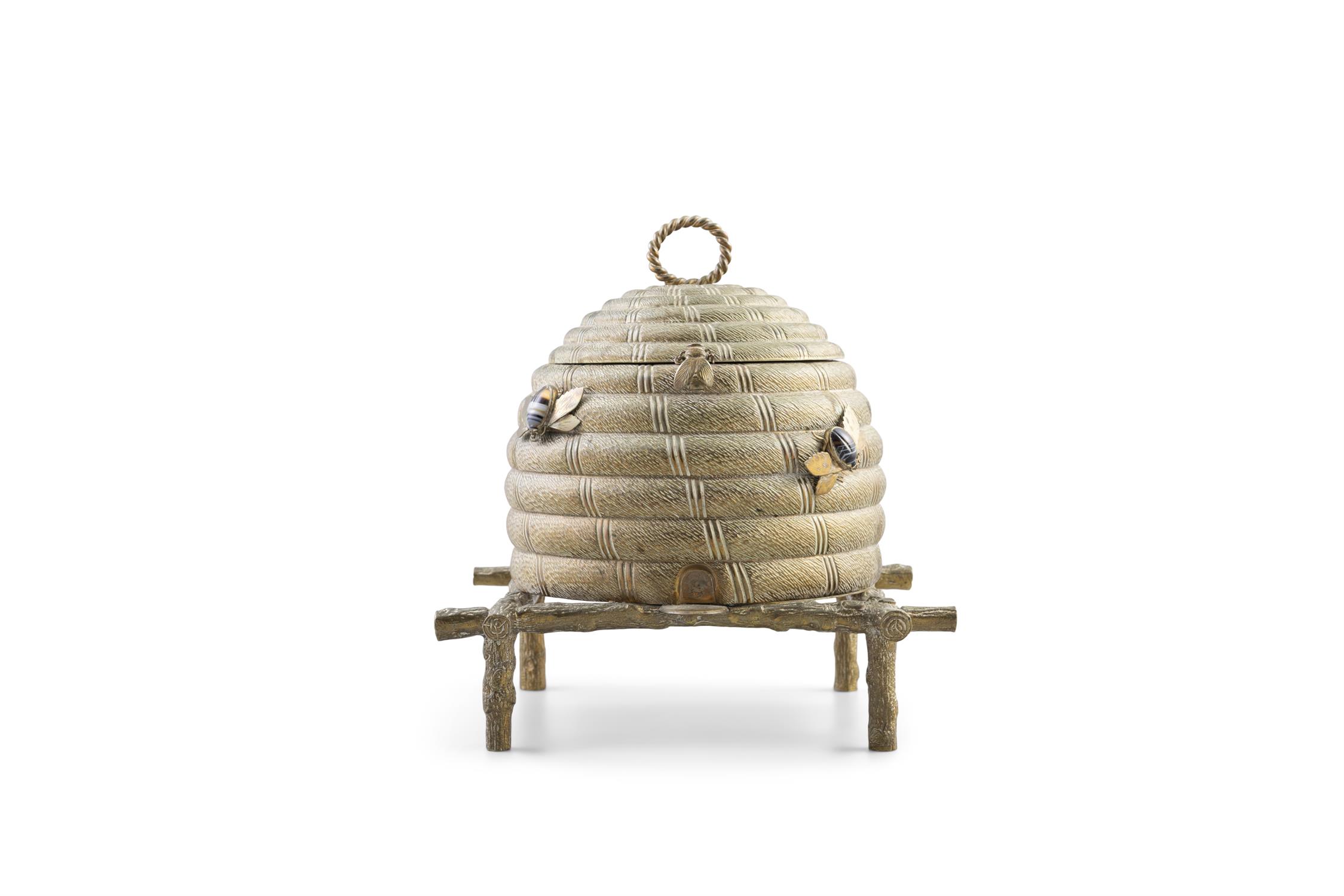 A GILT METAL 'BEE SKEP' JEWELLERY SEWING BOX, 19TH CENTURY of naturalistic form,