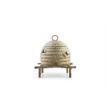 A GILT METAL 'BEE SKEP' JEWELLERY SEWING BOX, 19TH CENTURY of naturalistic form,