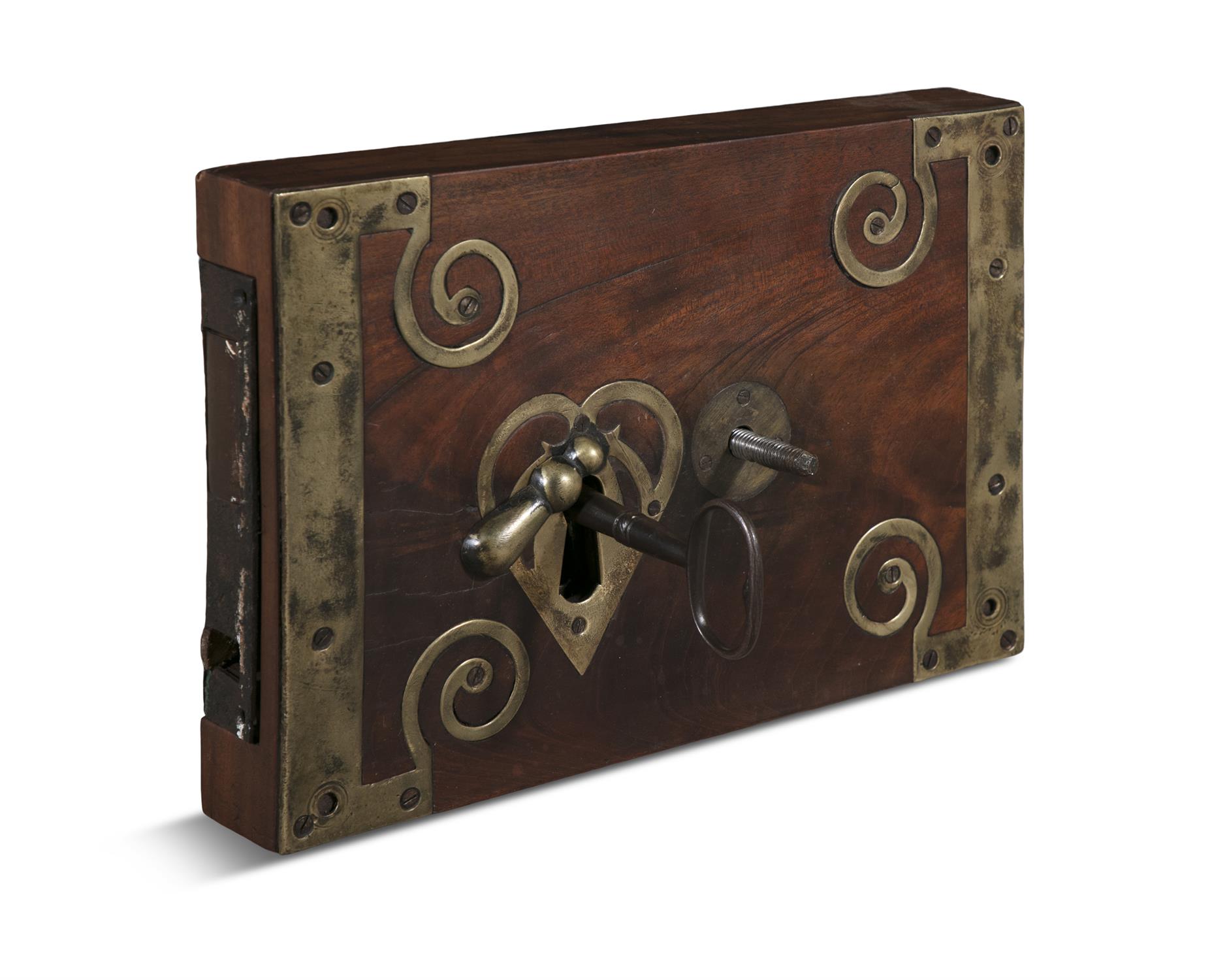 A GEORGE III MAHOGANY AND BRASS MOUNTED DOOR LOCK AND KEY the block with pierced heart-shape - Image 2 of 3