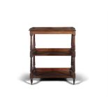 A MAHOGANY WHAT-NOT, LATE 19TH/EARLY 20TH CENTURY, the three-quarter low galleried top above